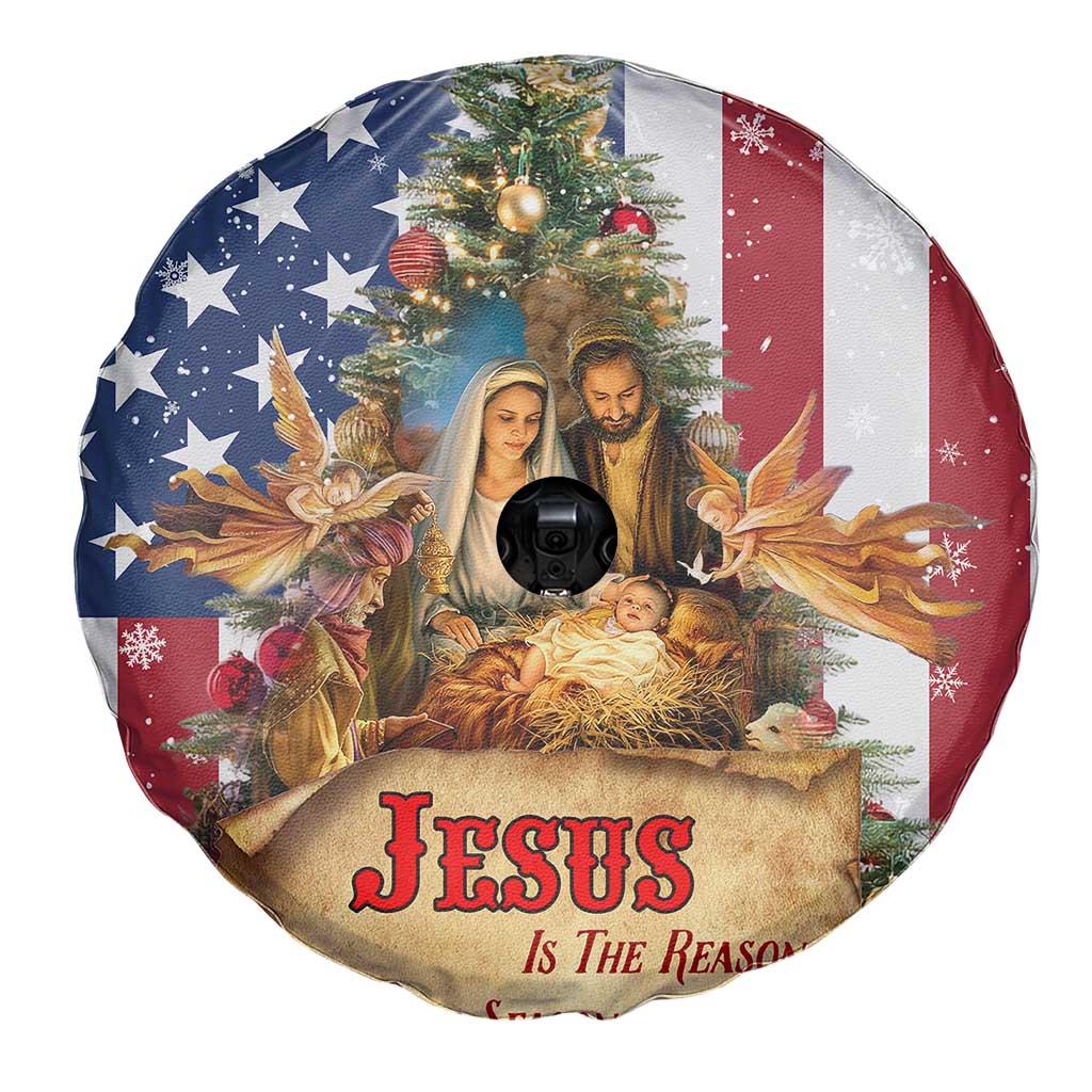 Patriotic Nativity Christmas Scene Spare Tire Cover Jesus Is the Reason for the Season American Flag and Angels TS02 Print Your Wear