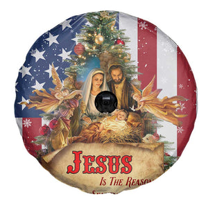 Patriotic Nativity Christmas Scene Spare Tire Cover Jesus Is the Reason for the Season American Flag and Angels TS02 Print Your Wear