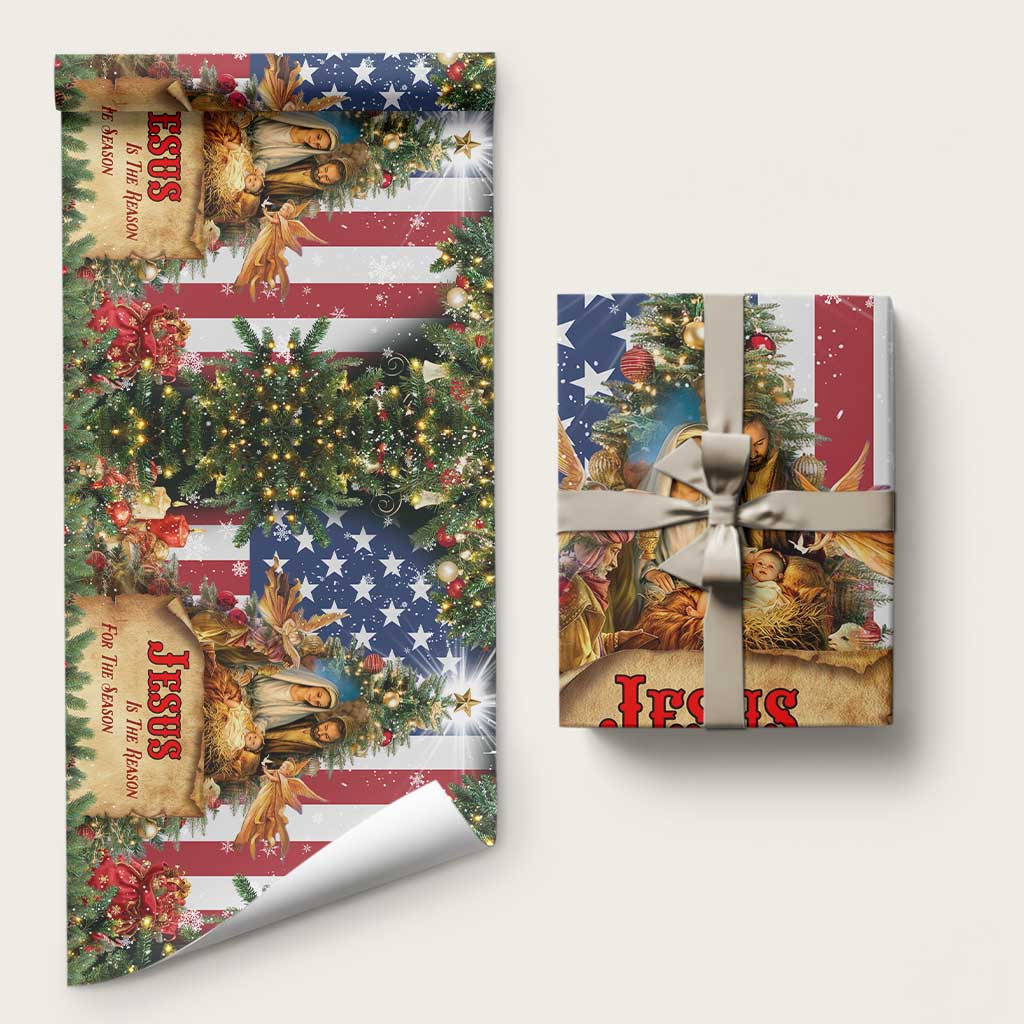 Patriotic Nativity Christmas Scene Wrapping Paper Roll Jesus Is the Reason for the Season American Flag and Angels TS02 Matte Christmas Print Your Wear