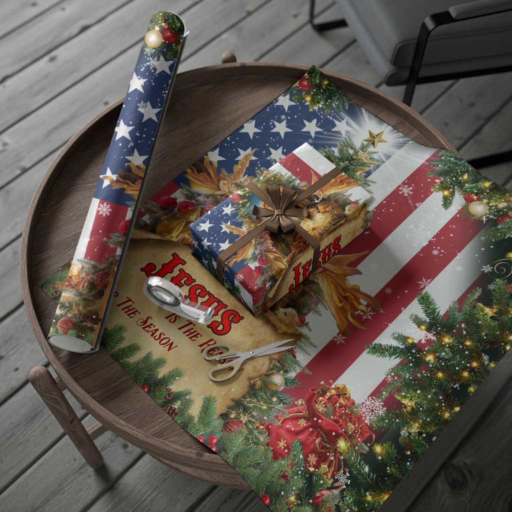 Patriotic Nativity Christmas Scene Wrapping Paper Roll Jesus Is the Reason for the Season American Flag and Angels TS02 Print Your Wear