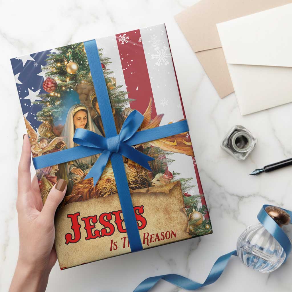 Patriotic Nativity Christmas Scene Wrapping Paper Roll Jesus Is the Reason for the Season American Flag and Angels TS02 Print Your Wear