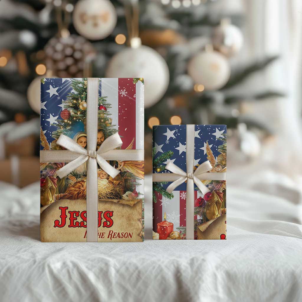 Patriotic Nativity Christmas Scene Wrapping Paper Roll Jesus Is the Reason for the Season American Flag and Angels TS02 Print Your Wear