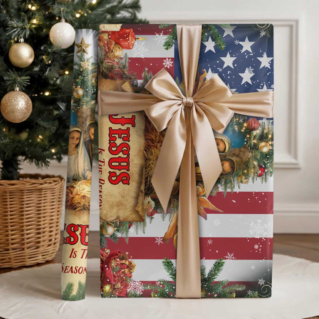 Patriotic Nativity Christmas Scene Wrapping Paper Roll Jesus Is the Reason for the Season American Flag and Angels TS02 Glossy Christmas Print Your Wear