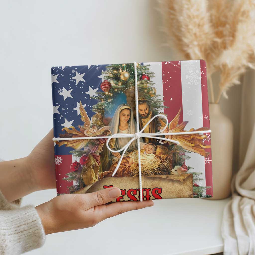 Patriotic Nativity Christmas Scene Wrapping Paper Roll Jesus Is the Reason for the Season American Flag and Angels TS02 Print Your Wear