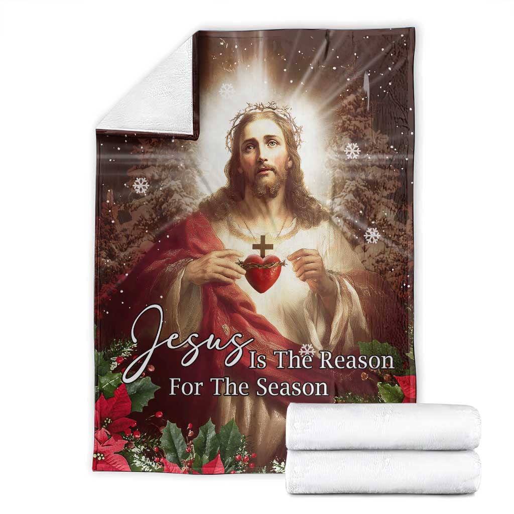 Sacred Heart of Jesus Christmas Throw Blanket Jesus Is the Reason for the Season Radiant Glow Poinsettias TS02 Christmas Print Your Wear