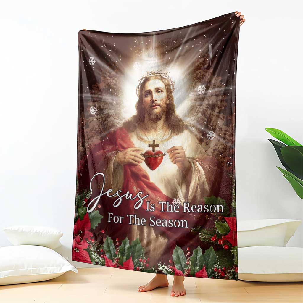 Sacred Heart of Jesus Christmas Throw Blanket Jesus Is the Reason for the Season Radiant Glow Poinsettias TS02 Print Your Wear