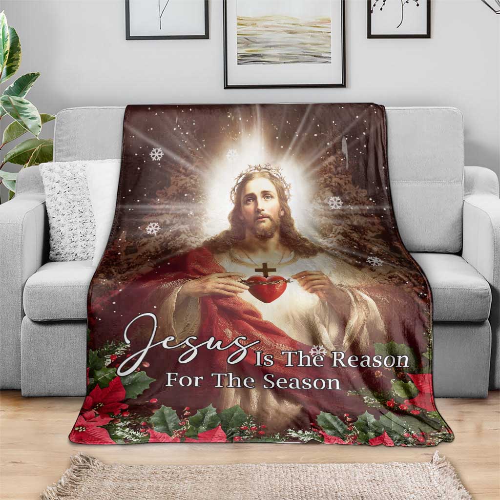Sacred Heart of Jesus Christmas Throw Blanket Jesus Is the Reason for the Season Radiant Glow Poinsettias TS02 Print Your Wear