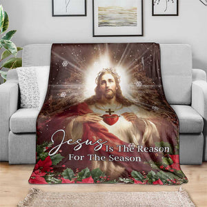 Sacred Heart of Jesus Christmas Throw Blanket Jesus Is the Reason for the Season Radiant Glow Poinsettias TS02 Print Your Wear