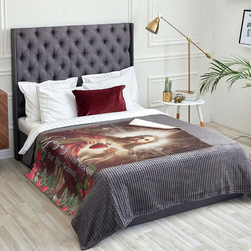 Sacred Heart of Jesus Christmas Throw Blanket Jesus Is the Reason for the Season Radiant Glow Poinsettias TS02 Print Your Wear