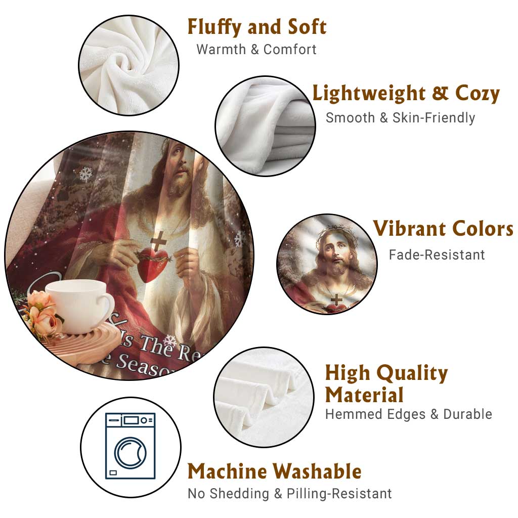 Sacred Heart of Jesus Christmas Throw Blanket Jesus Is the Reason for the Season Radiant Glow Poinsettias TS02 Print Your Wear