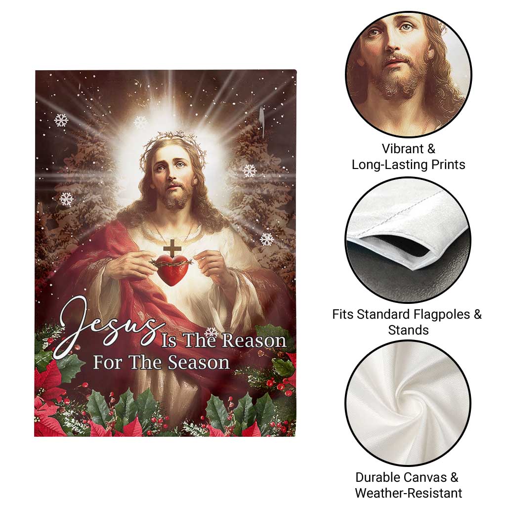 Sacred Heart of Jesus Christmas Garden Flag Jesus Is the Reason for the Season Radiant Glow Poinsettias TS02 Print Your Wear