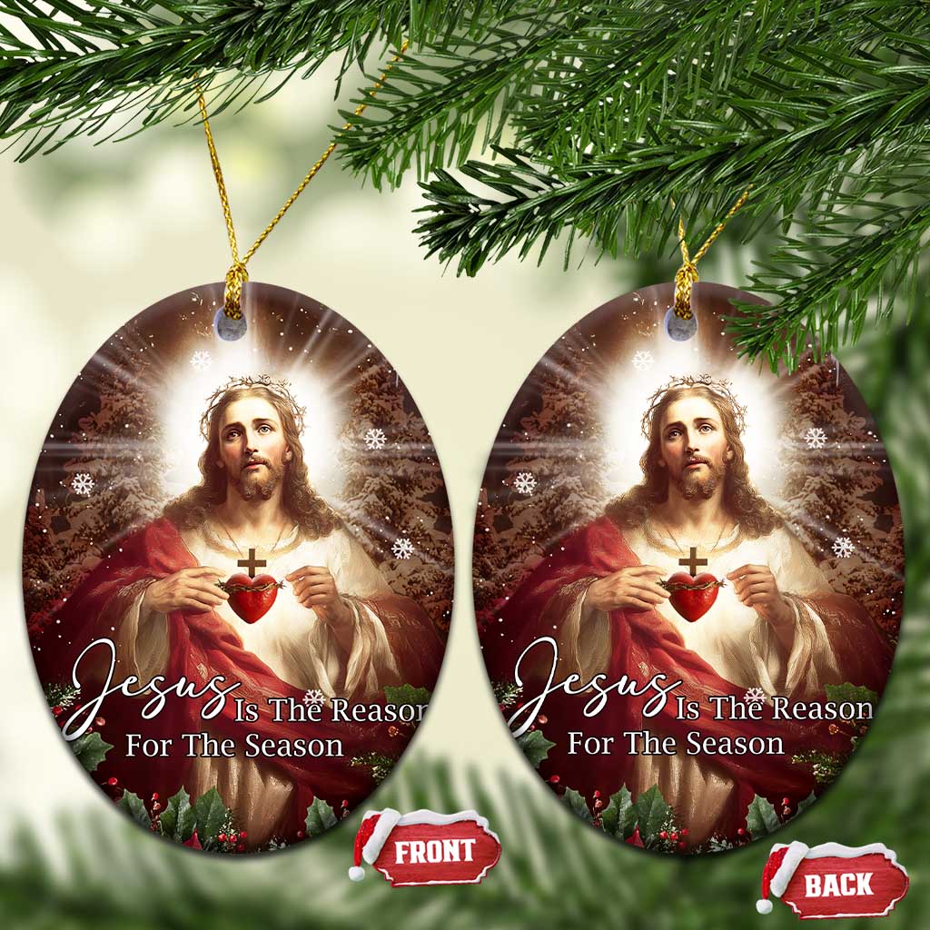 Sacred Heart of Jesus Christmas Christmas Ceramic Ornament Jesus Is the Reason for the Season Radiant Glow Poinsettias TS02 Oval Christmas Print Your Wear