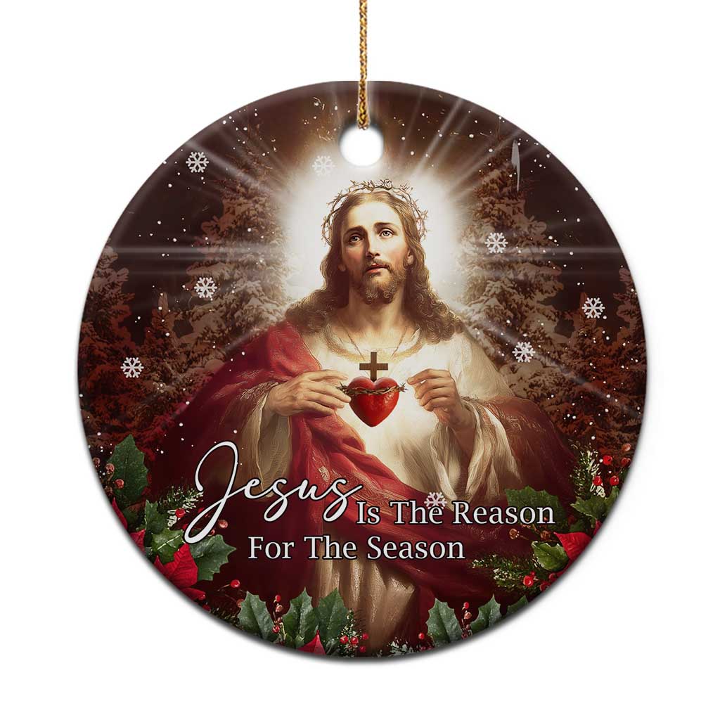 Sacred Heart of Jesus Christmas Christmas Ceramic Ornament Jesus Is the Reason for the Season Radiant Glow Poinsettias TS02 Print Your Wear