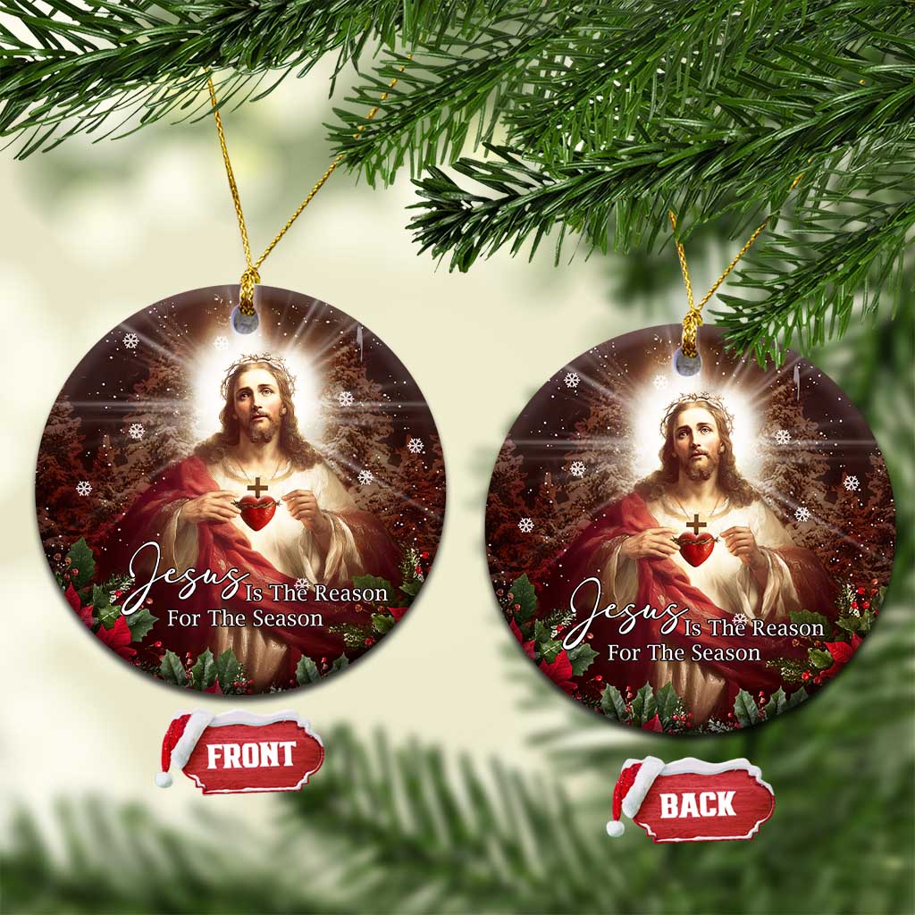 Sacred Heart of Jesus Christmas Christmas Ceramic Ornament Jesus Is the Reason for the Season Radiant Glow Poinsettias TS02 Circle Christmas Print Your Wear