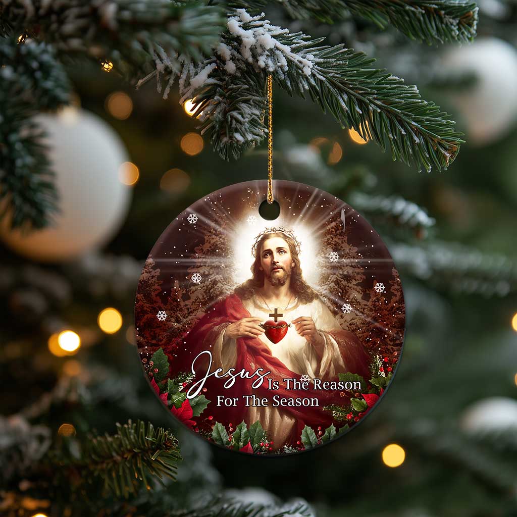 Sacred Heart of Jesus Christmas Christmas Ceramic Ornament Jesus Is the Reason for the Season Radiant Glow Poinsettias TS02 Print Your Wear