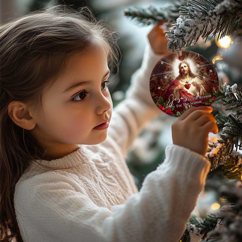 Sacred Heart of Jesus Christmas Christmas Ceramic Ornament Jesus Is the Reason for the Season Radiant Glow Poinsettias TS02 Print Your Wear