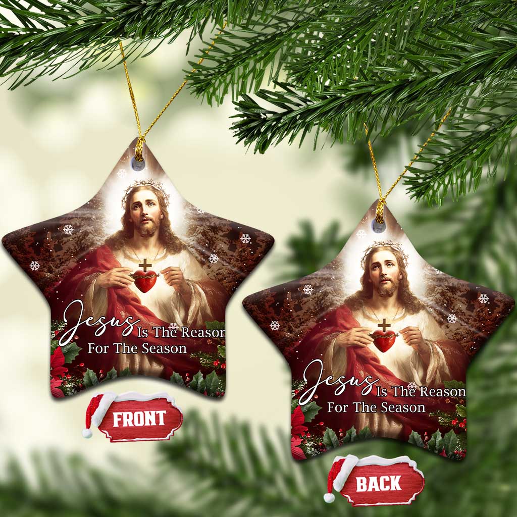 Sacred Heart of Jesus Christmas Christmas Ceramic Ornament Jesus Is the Reason for the Season Radiant Glow Poinsettias TS02 Star Christmas Print Your Wear