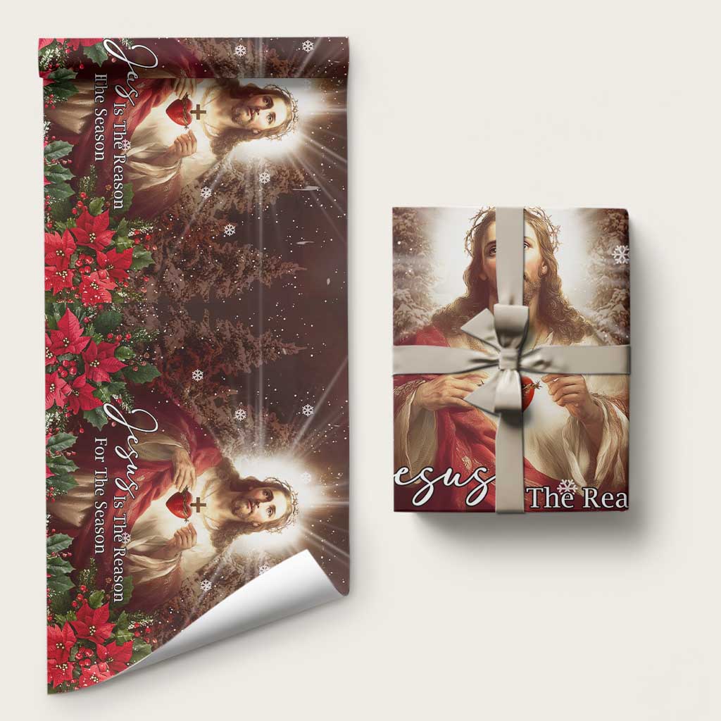 Sacred Heart of Jesus Christmas Wrapping Paper Roll Jesus Is the Reason for the Season Radiant Glow Poinsettias TS02 Matte Christmas Print Your Wear