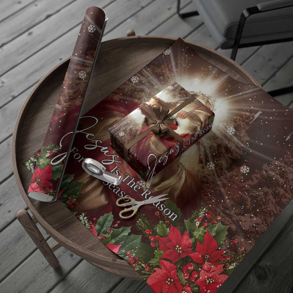 Sacred Heart of Jesus Christmas Wrapping Paper Roll Jesus Is the Reason for the Season Radiant Glow Poinsettias TS02 Print Your Wear