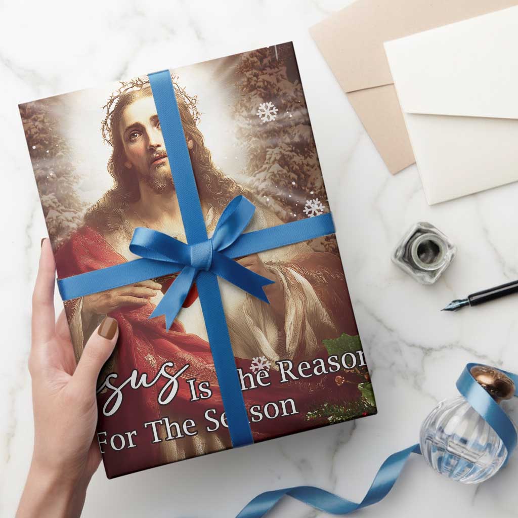 Sacred Heart of Jesus Christmas Wrapping Paper Roll Jesus Is the Reason for the Season Radiant Glow Poinsettias TS02 Print Your Wear
