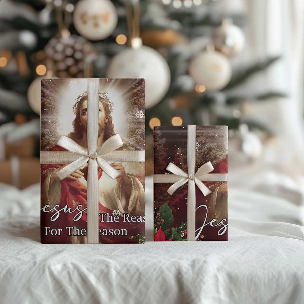 Sacred Heart of Jesus Christmas Wrapping Paper Roll Jesus Is the Reason for the Season Radiant Glow Poinsettias TS02 Print Your Wear
