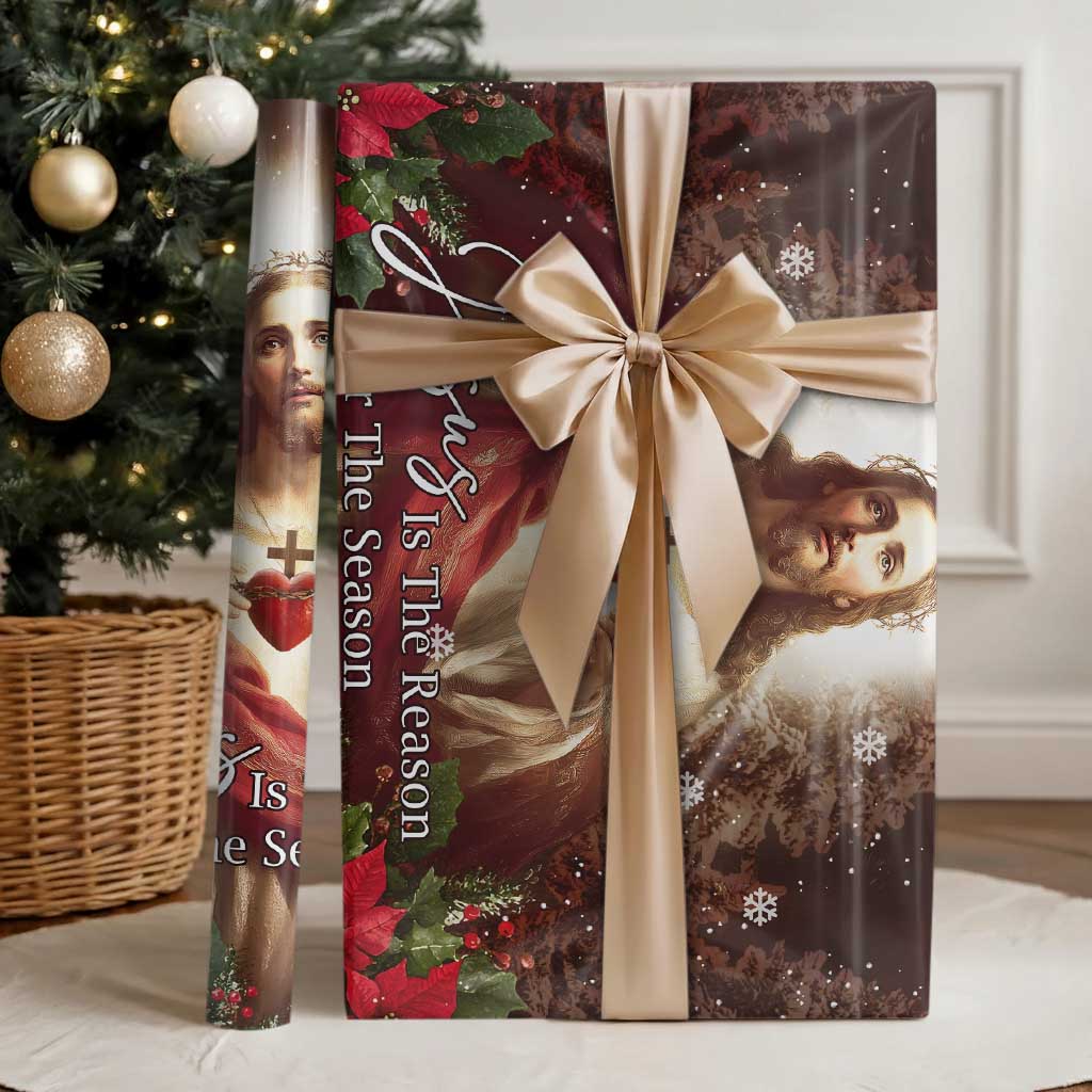 Sacred Heart of Jesus Christmas Wrapping Paper Roll Jesus Is the Reason for the Season Radiant Glow Poinsettias TS02 Glossy Christmas Print Your Wear