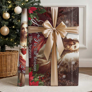 Sacred Heart of Jesus Christmas Wrapping Paper Roll Jesus Is the Reason for the Season Radiant Glow Poinsettias TS02 Glossy Christmas Print Your Wear