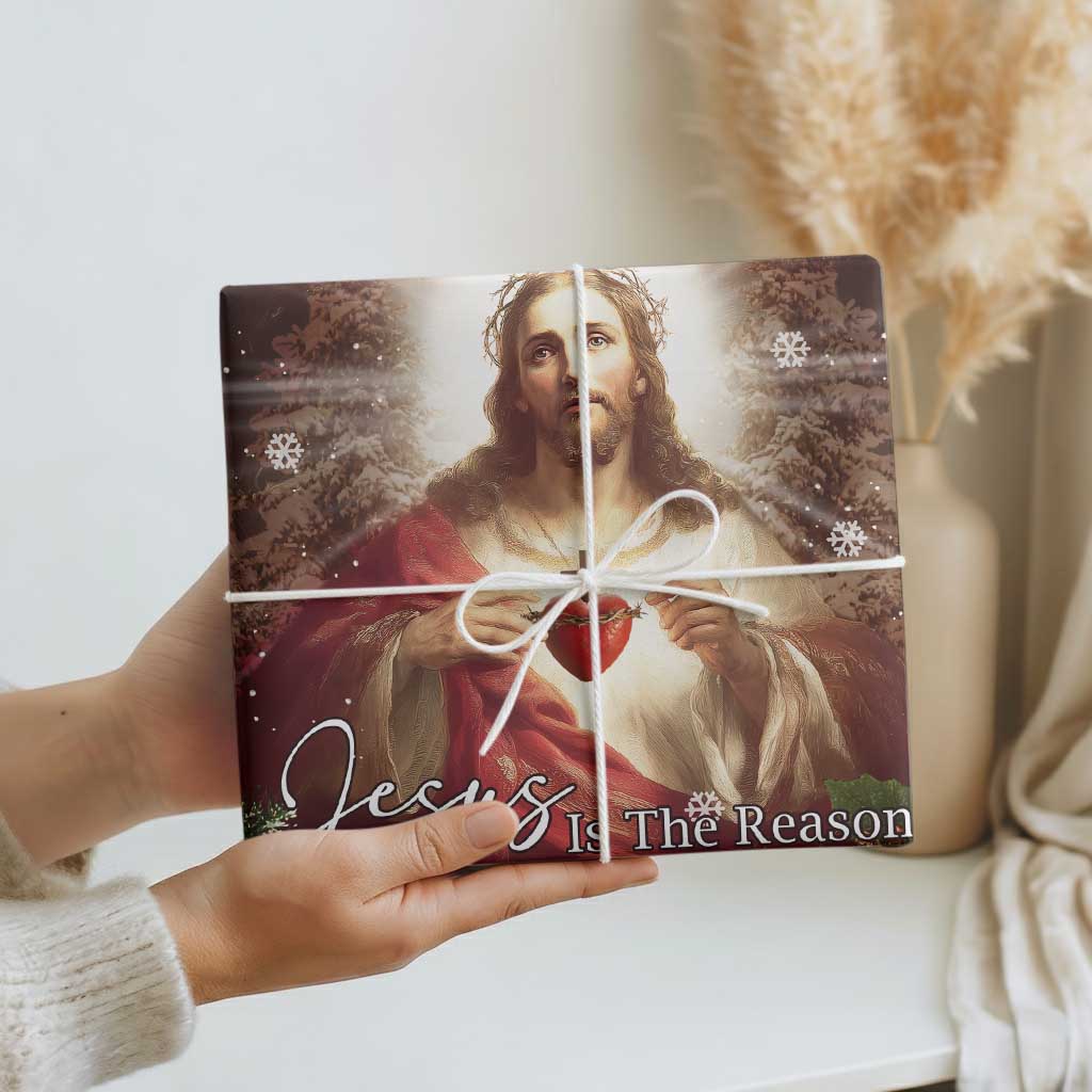 Sacred Heart of Jesus Christmas Wrapping Paper Roll Jesus Is the Reason for the Season Radiant Glow Poinsettias TS02 Print Your Wear