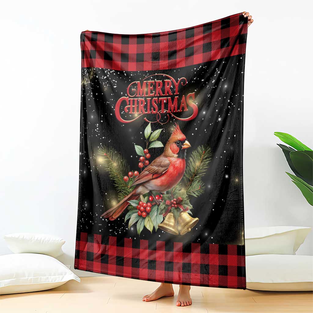 Merry Christmas Cardinal Throw Blanket Buffalo Plaid Holiday Redbird Holly and Bells TS02 Print Your Wear