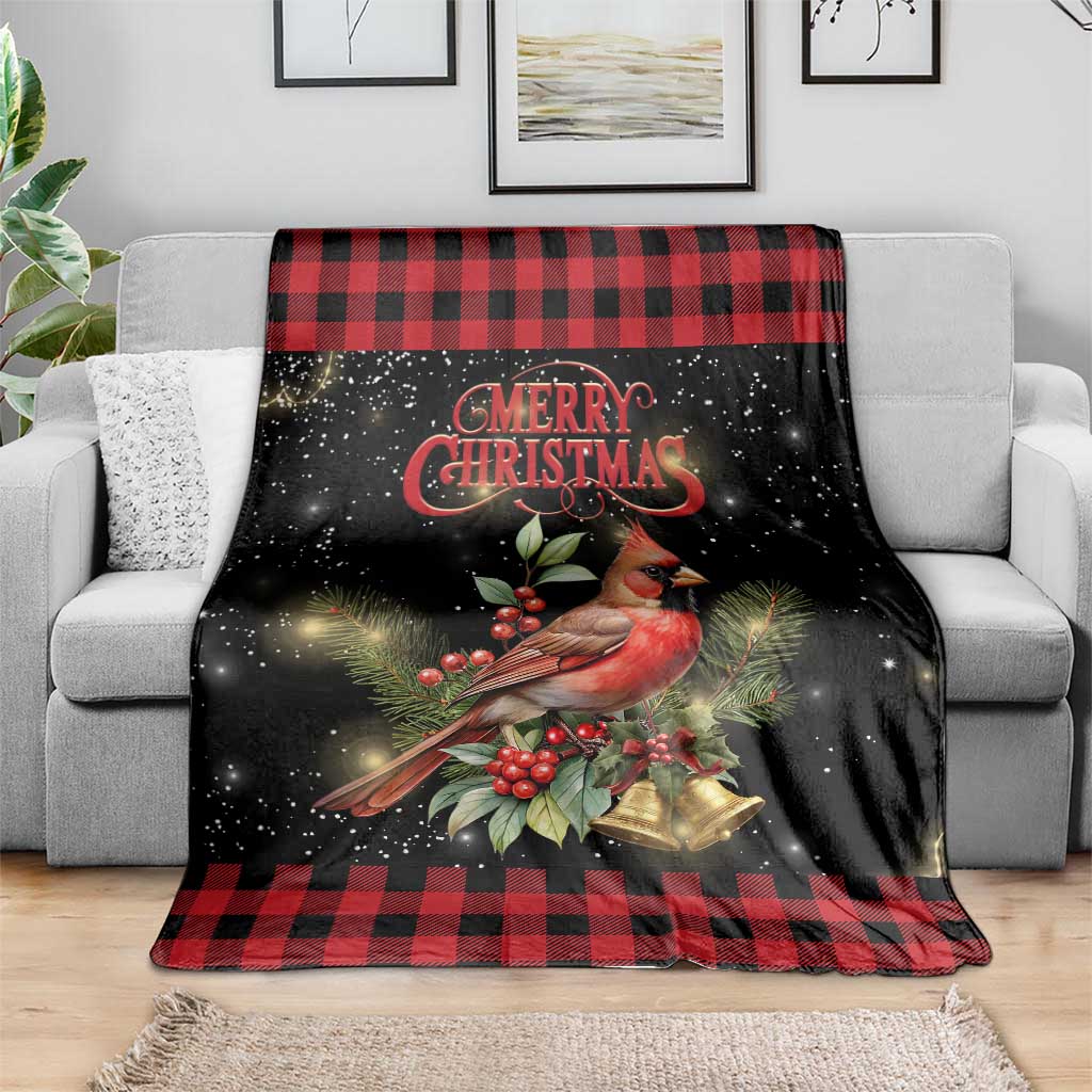 Merry Christmas Cardinal Throw Blanket Buffalo Plaid Holiday Redbird Holly and Bells TS02 Print Your Wear