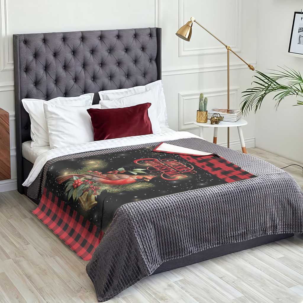 Merry Christmas Cardinal Throw Blanket Buffalo Plaid Holiday Redbird Holly and Bells TS02 Print Your Wear