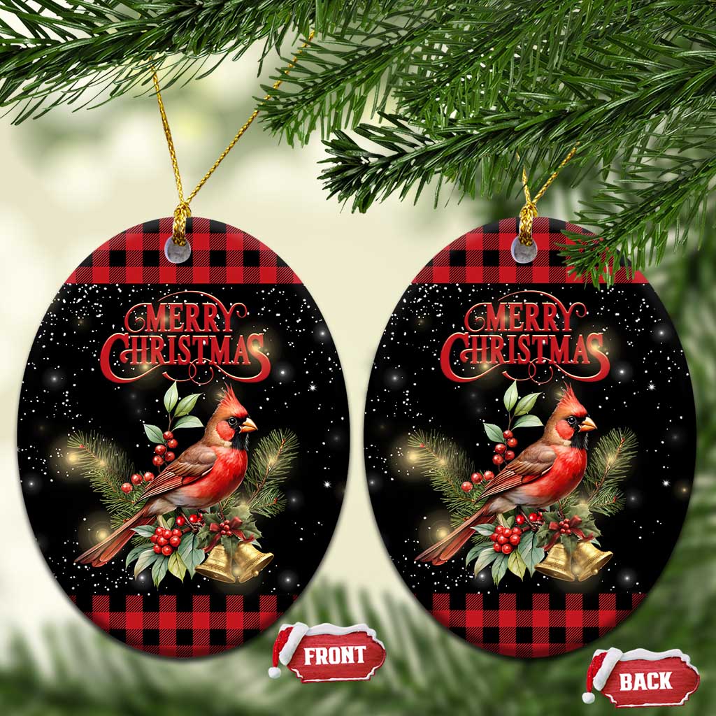 Merry Christmas Cardinal Christmas Ceramic Ornament Buffalo Plaid Holiday Redbird Holly and Bells TS02 Oval Christmas Print Your Wear