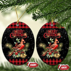 Merry Christmas Cardinal Christmas Ceramic Ornament Buffalo Plaid Holiday Redbird Holly and Bells TS02 Oval Christmas Print Your Wear