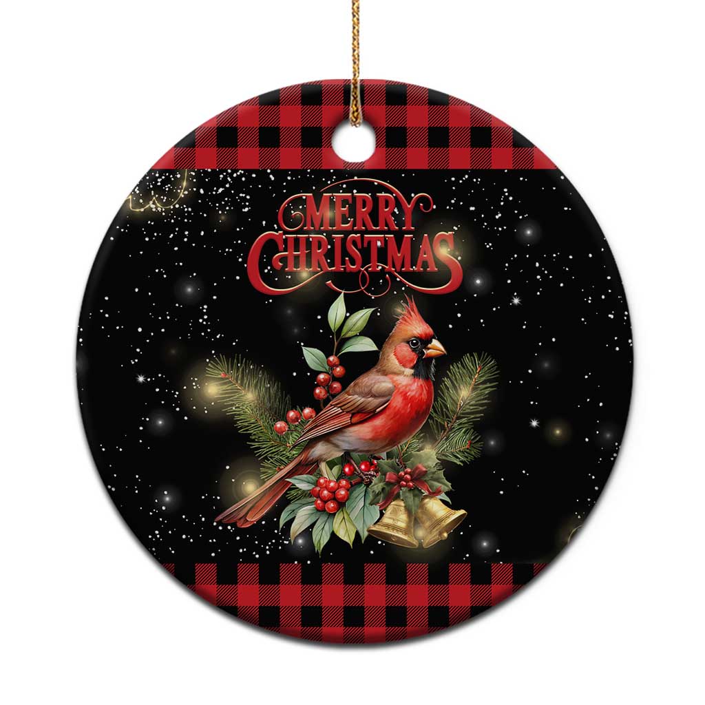 Merry Christmas Cardinal Christmas Ceramic Ornament Buffalo Plaid Holiday Redbird Holly and Bells TS02 Print Your Wear