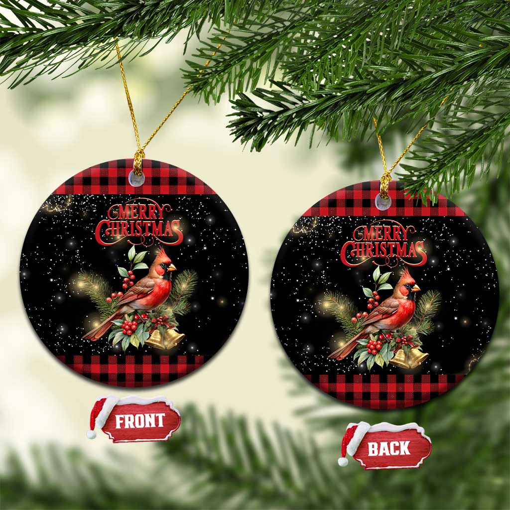 Merry Christmas Cardinal Christmas Ceramic Ornament Buffalo Plaid Holiday Redbird Holly and Bells TS02 Circle Christmas Print Your Wear