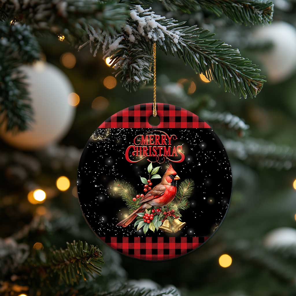 Merry Christmas Cardinal Christmas Ceramic Ornament Buffalo Plaid Holiday Redbird Holly and Bells TS02 Print Your Wear