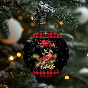 Merry Christmas Cardinal Christmas Ceramic Ornament Buffalo Plaid Holiday Redbird Holly and Bells TS02 Print Your Wear