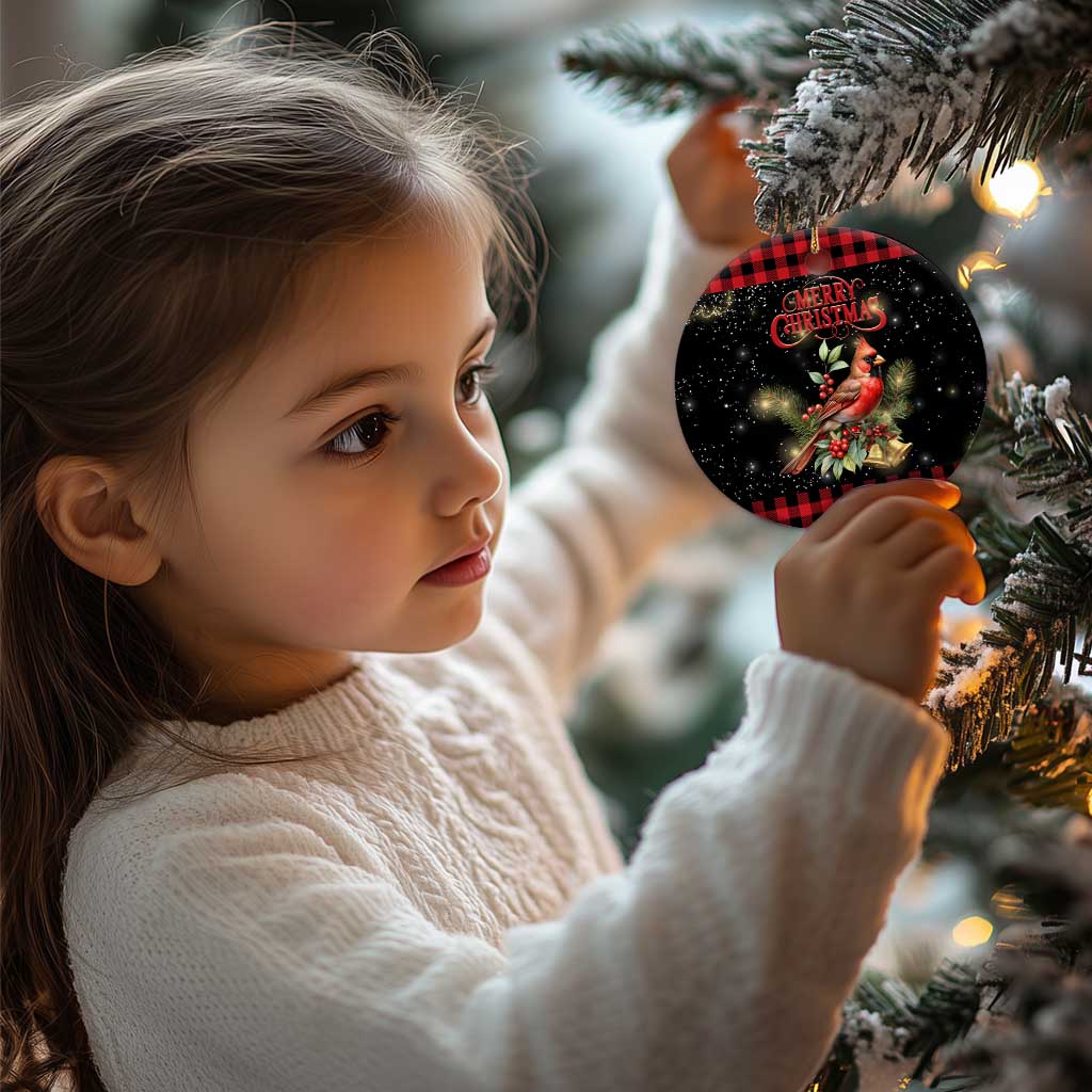 Merry Christmas Cardinal Christmas Ceramic Ornament Buffalo Plaid Holiday Redbird Holly and Bells TS02 Print Your Wear
