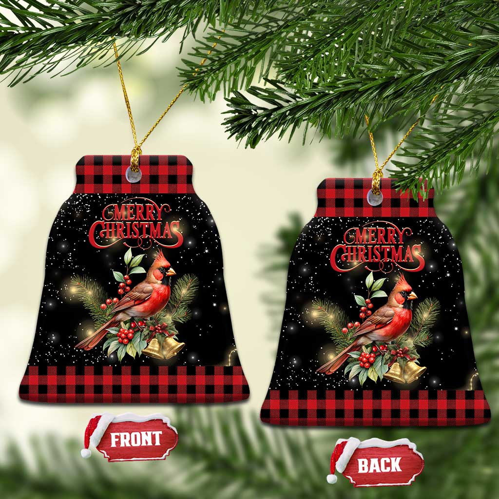 Merry Christmas Cardinal Christmas Ceramic Ornament Buffalo Plaid Holiday Redbird Holly and Bells TS02 Bell Flake Christmas Print Your Wear