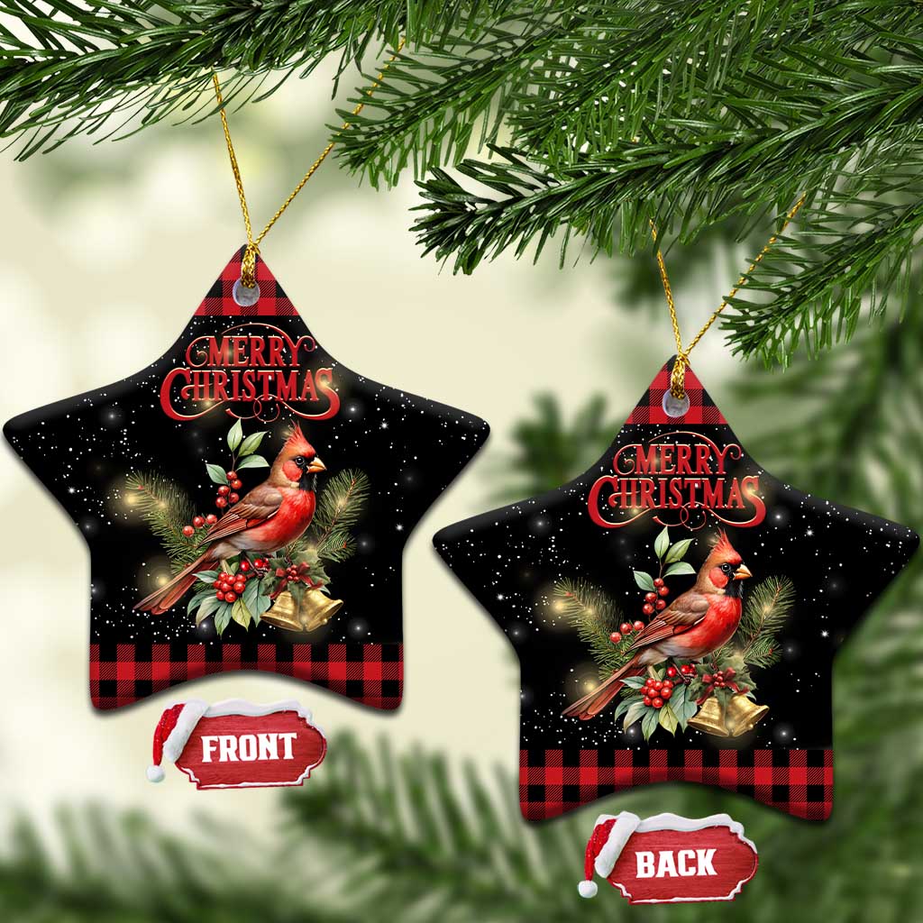 Merry Christmas Cardinal Christmas Ceramic Ornament Buffalo Plaid Holiday Redbird Holly and Bells TS02 Star Christmas Print Your Wear