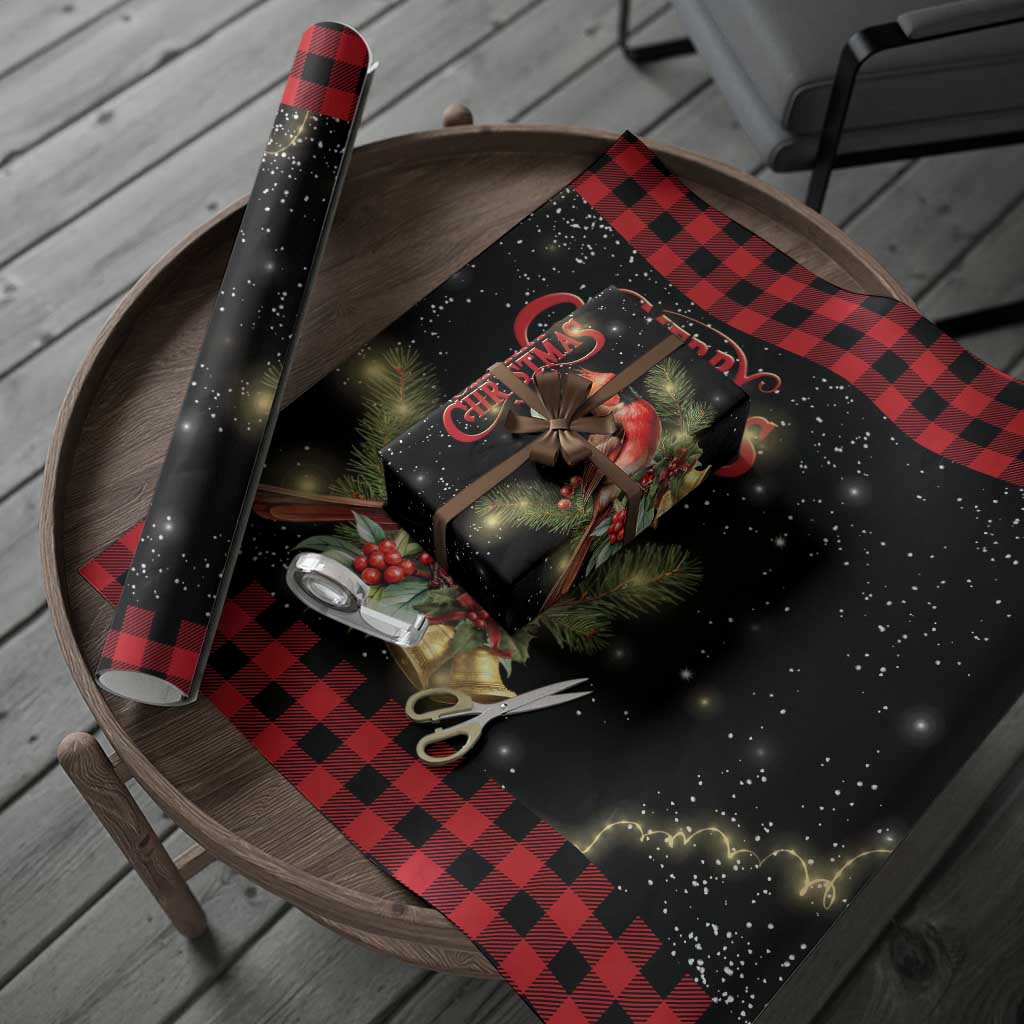 Merry Christmas Cardinal Wrapping Paper Roll Buffalo Plaid Holiday Redbird Holly and Bells TS02 Print Your Wear