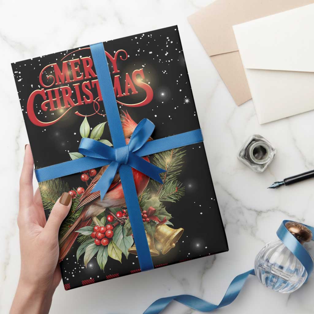 Merry Christmas Cardinal Wrapping Paper Roll Buffalo Plaid Holiday Redbird Holly and Bells TS02 Print Your Wear