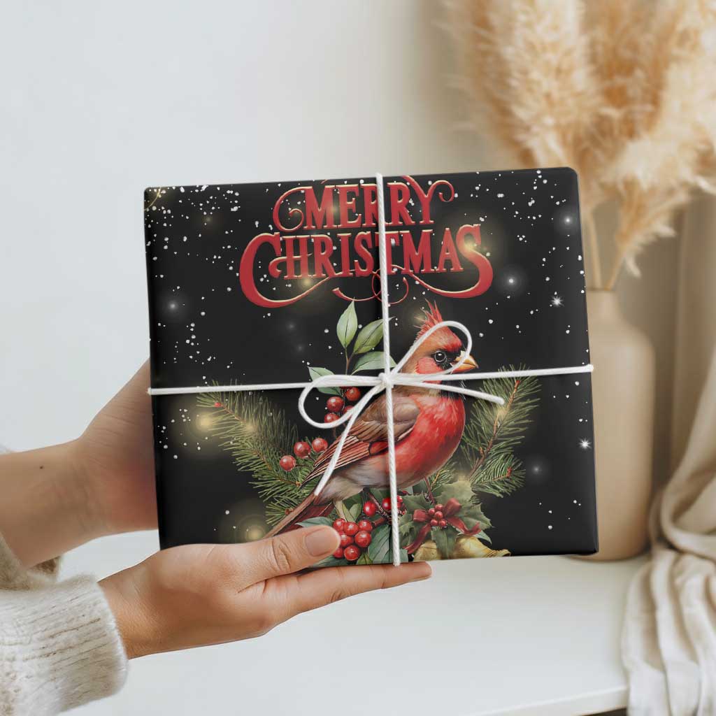 Merry Christmas Cardinal Wrapping Paper Roll Buffalo Plaid Holiday Redbird Holly and Bells TS02 Print Your Wear