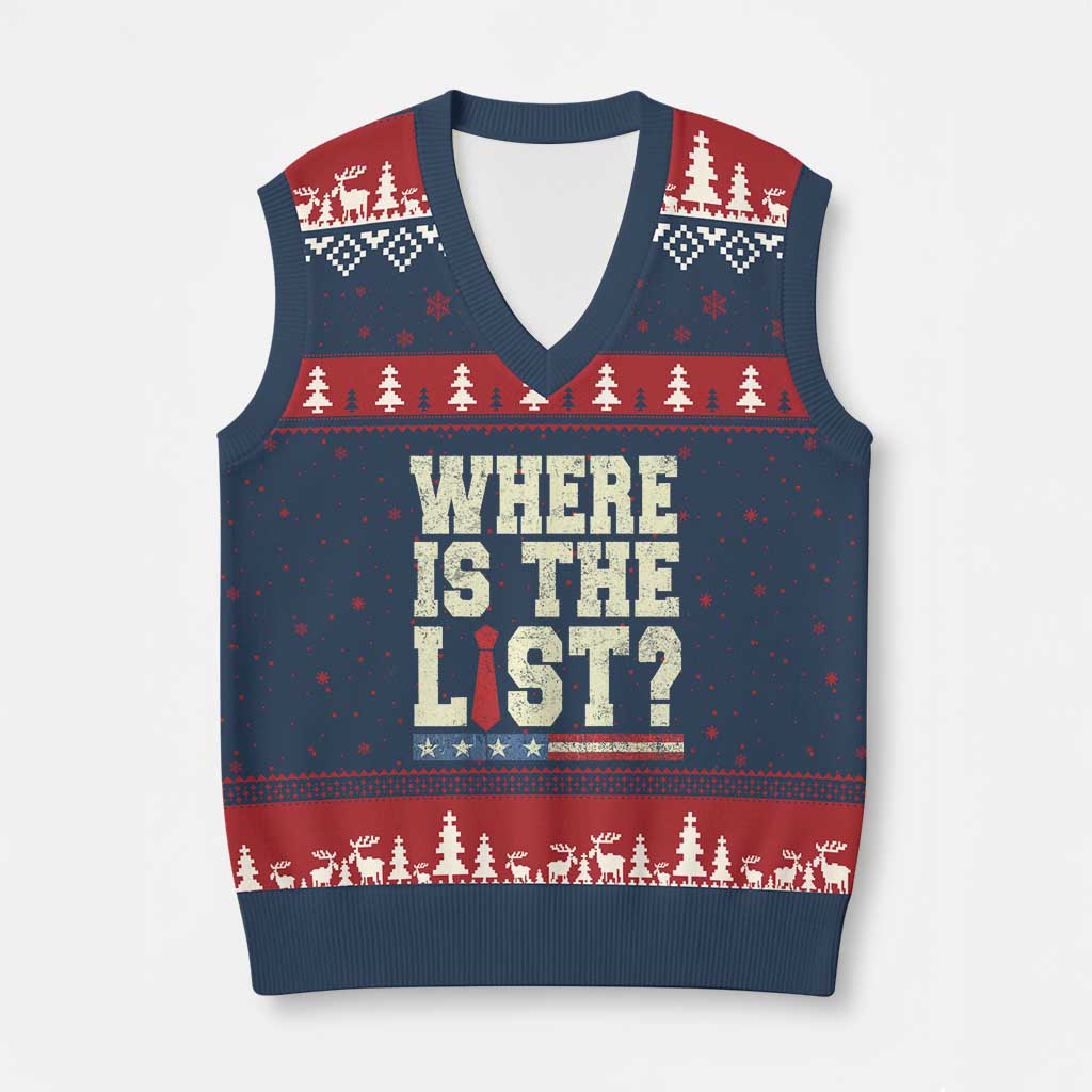 Where Is The List V-Neck Knit Sweater Vest Funny Political Conspiracy Parody TS02 Navy Red Print Your Wear