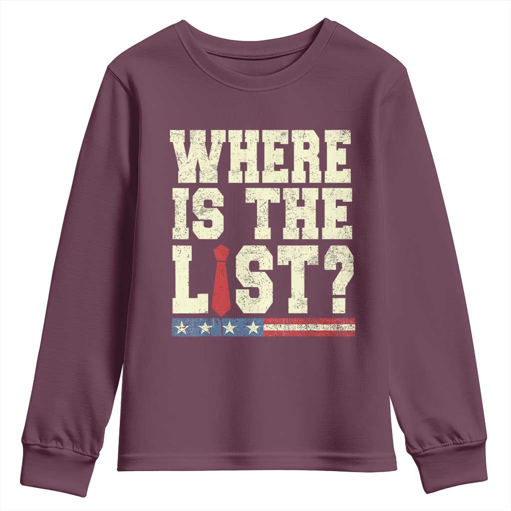 Where Is The List Youth Sweatshirt Funny Political Conspiracy Parody TS02 Maroon Print Your Wear