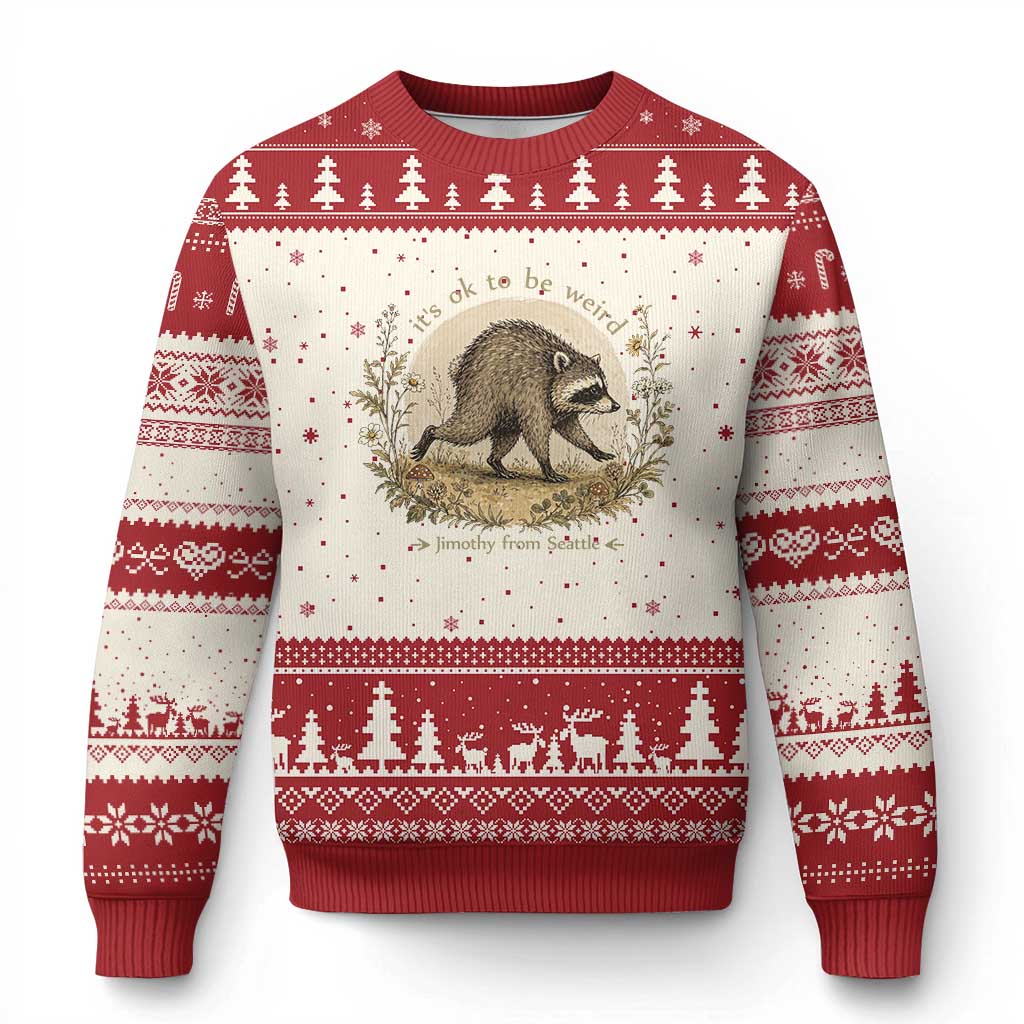 It is OK To Be Weird Jimothy the Raccoon Cottagecore Ugly Christmas Sweater Floral Seattle Trash Panda Inspiration TS02 Beige Red Print Your Wear