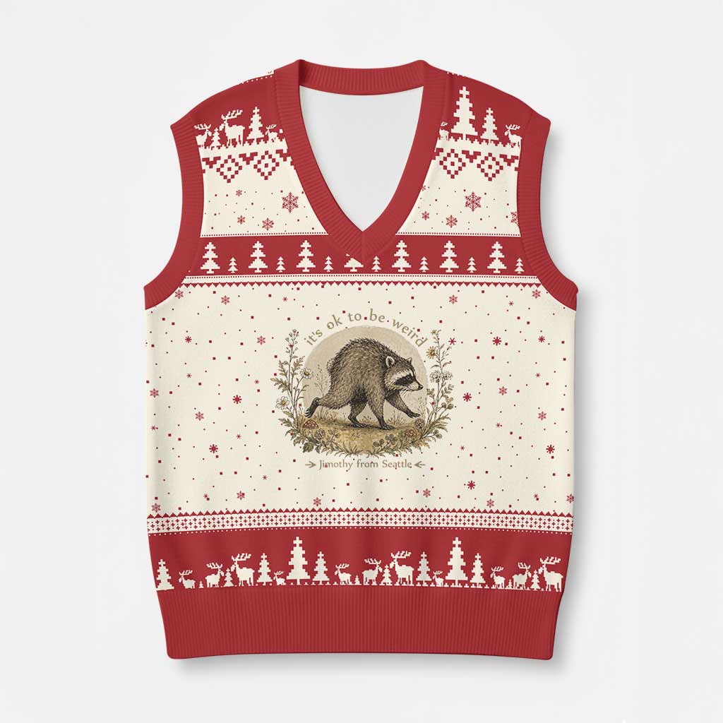 It is OK To Be Weird Jimothy the Raccoon Cottagecore V-Neck Knit Sweater Vest Floral Seattle Trash Panda Inspiration TS02 Beige Red Print Your Wear