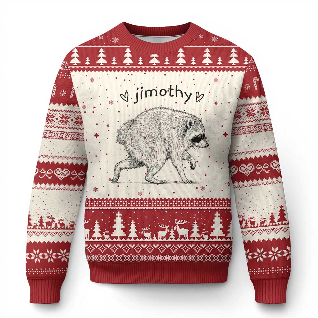 Cute Jimothy the Raccoon Hand Drawn Graphic Ugly Christmas Sweater Seattle Trash Panda Lover Supporter TS02 Beige Red Print Your Wear