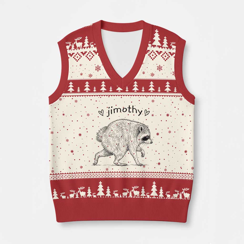 Cute Jimothy the Raccoon Hand Drawn Graphic V-Neck Knit Sweater Vest Seattle Trash Panda Lover Supporter TS02 Beige Red Print Your Wear