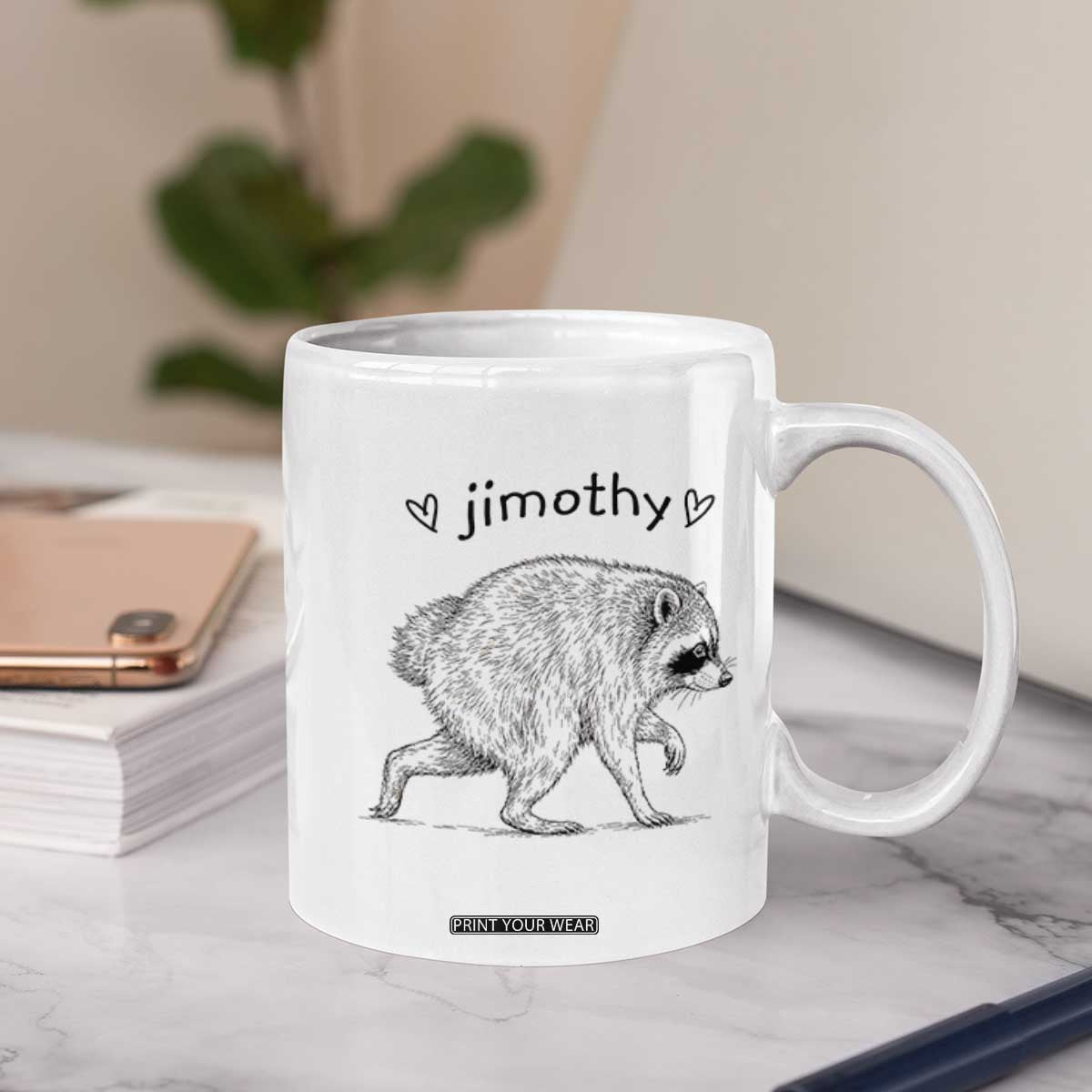 Cute Jimothy the Raccoon Hand Drawn Graphic Coffee Mug Seattle Trash Panda Lover Supporter